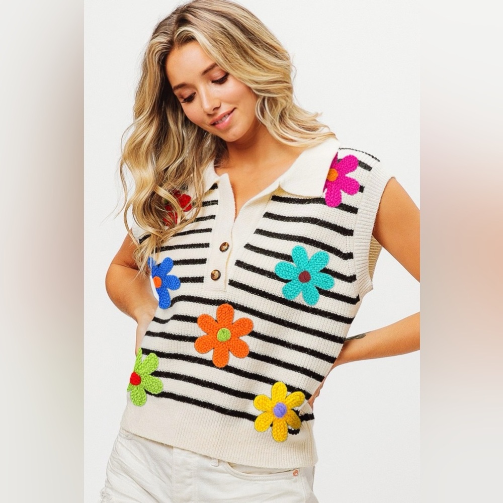 Bibi Flower Patch Striped Half Button Sweater Vest - image 1